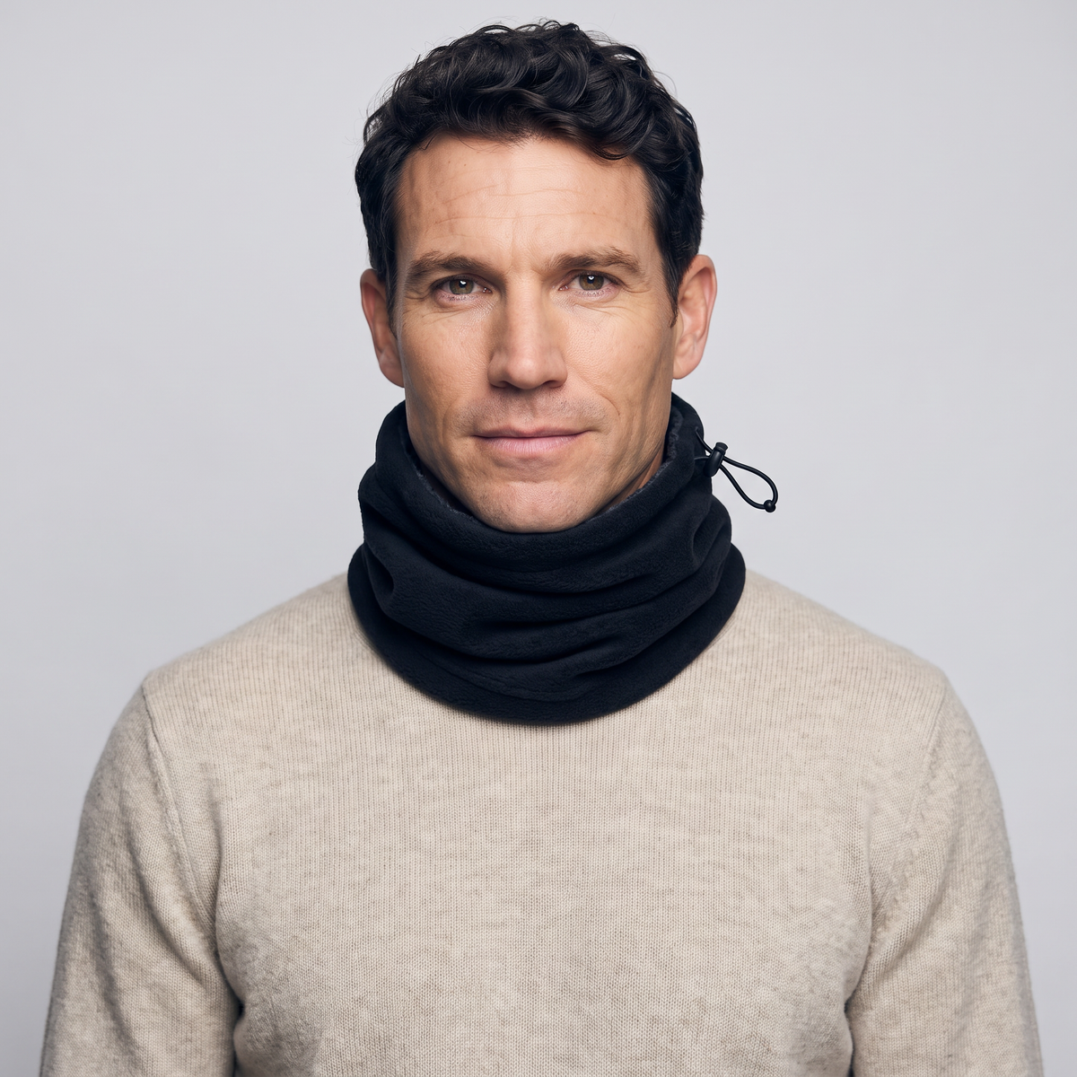 Men's fleece snood in Black worn round the neck