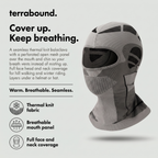 Feature panel: thermal knit fabric, breathable perforated mesh mouth panel, full face and neck coverage