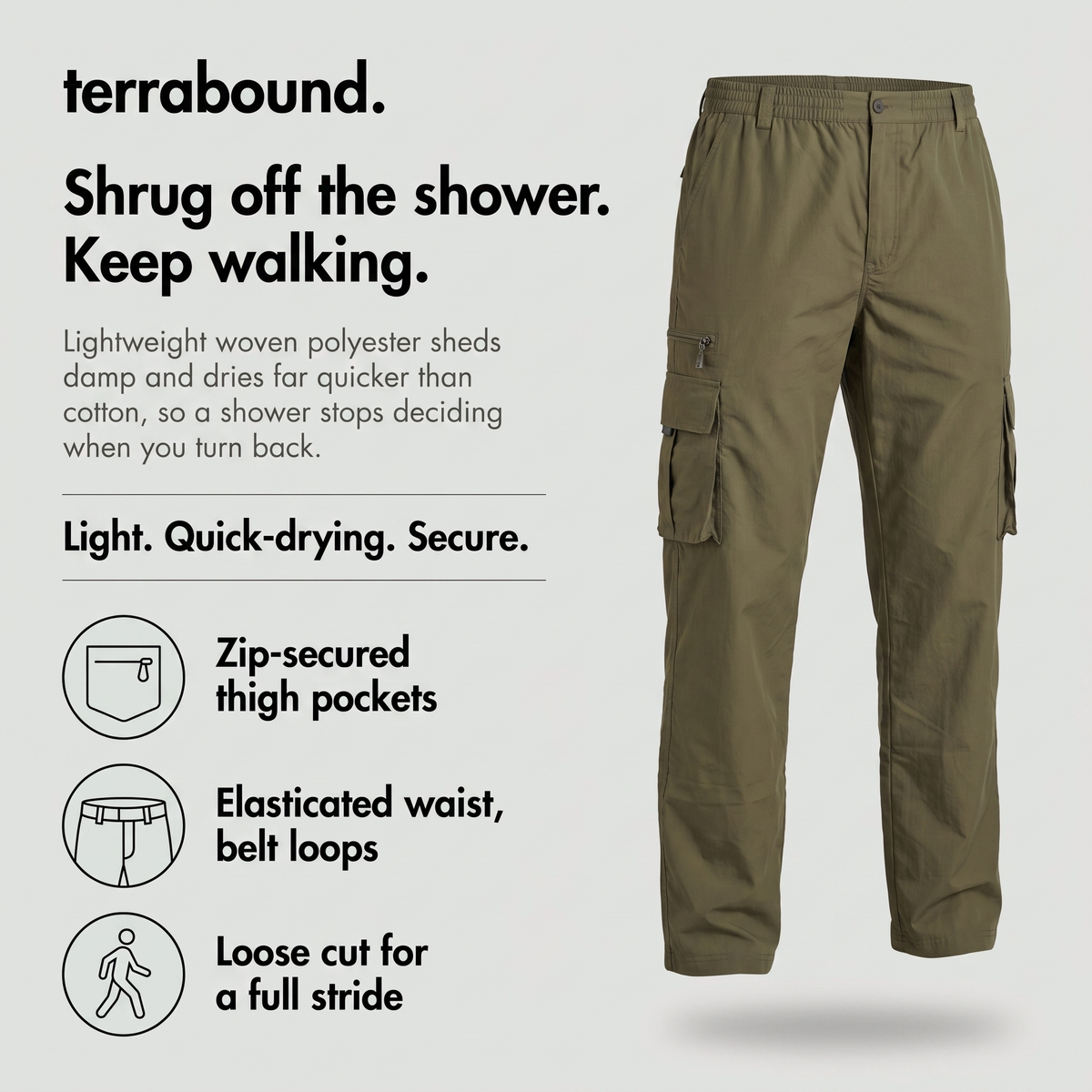 Feature panel: zip-secured thigh pockets, elasticated waist with belt loops, loose cut for a full stride