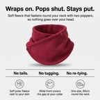 Fleece Snood infographic: wraps on, pops shut, stays put