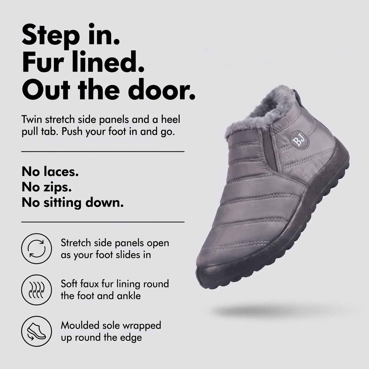 Women's slip-on snow boots infographic: step in, fur lined, out the door