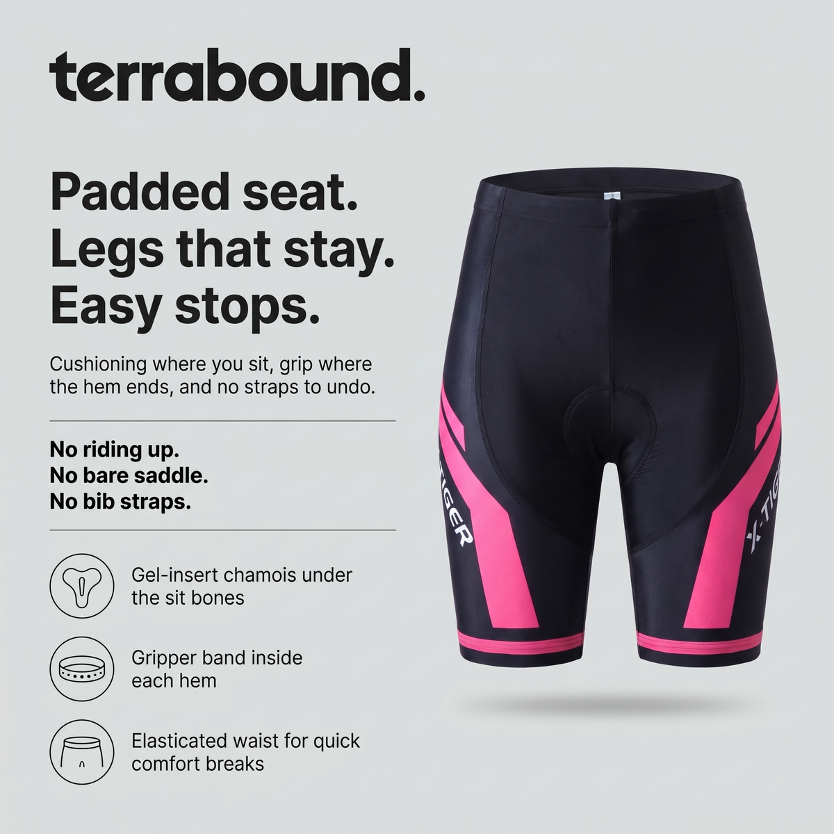Women's Cycling Shorts infographic: padded seat, legs that stay, easy stops