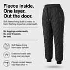 Women's fleece lined quilted trousers infographic: fleece inside, one layer, out the door