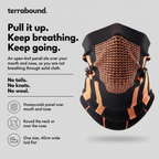 Knitted Snood infographic: open-knit panel over the mouth and nose, no tails, no knots, no wool