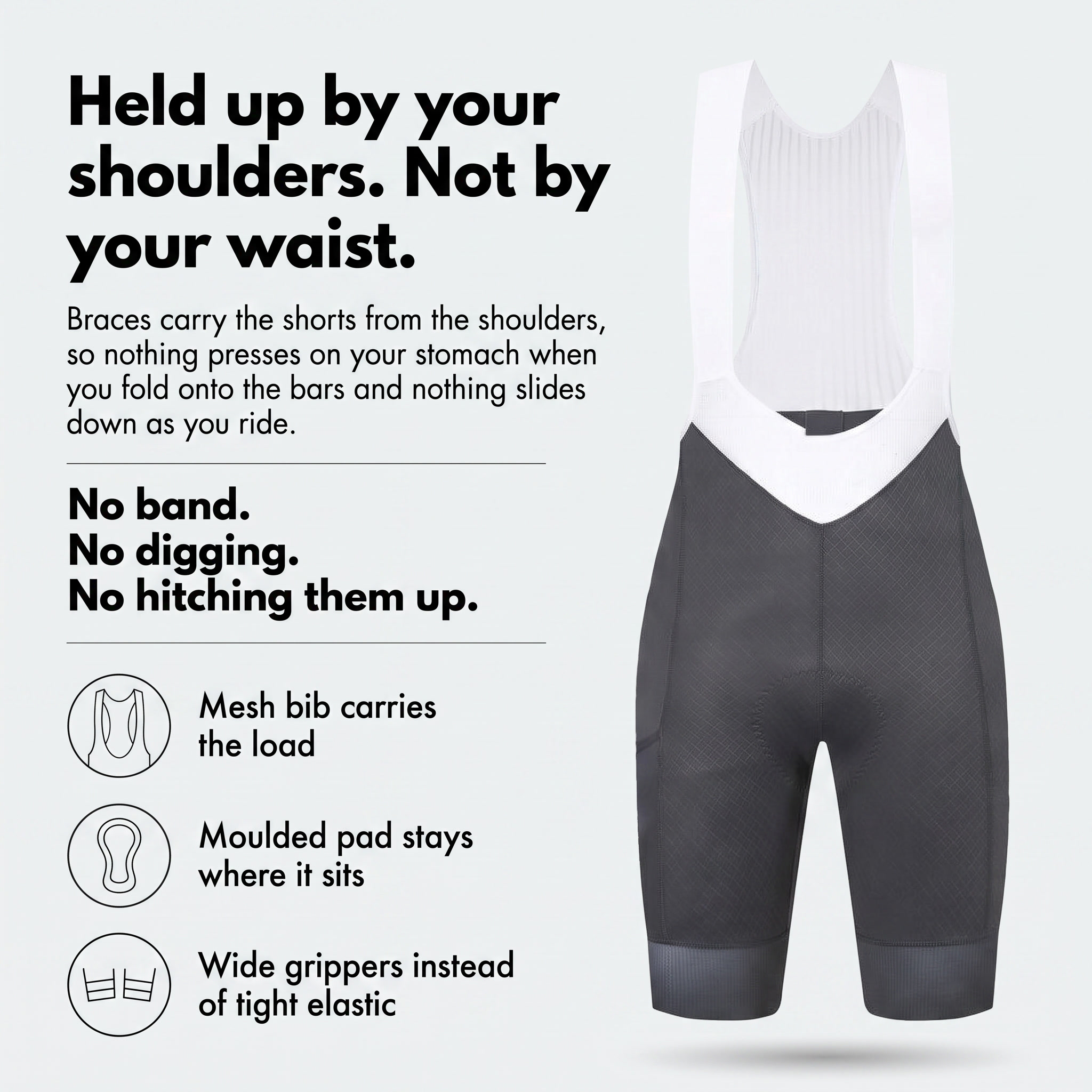 Held up by the shoulders, not the waist: how bib shorts work