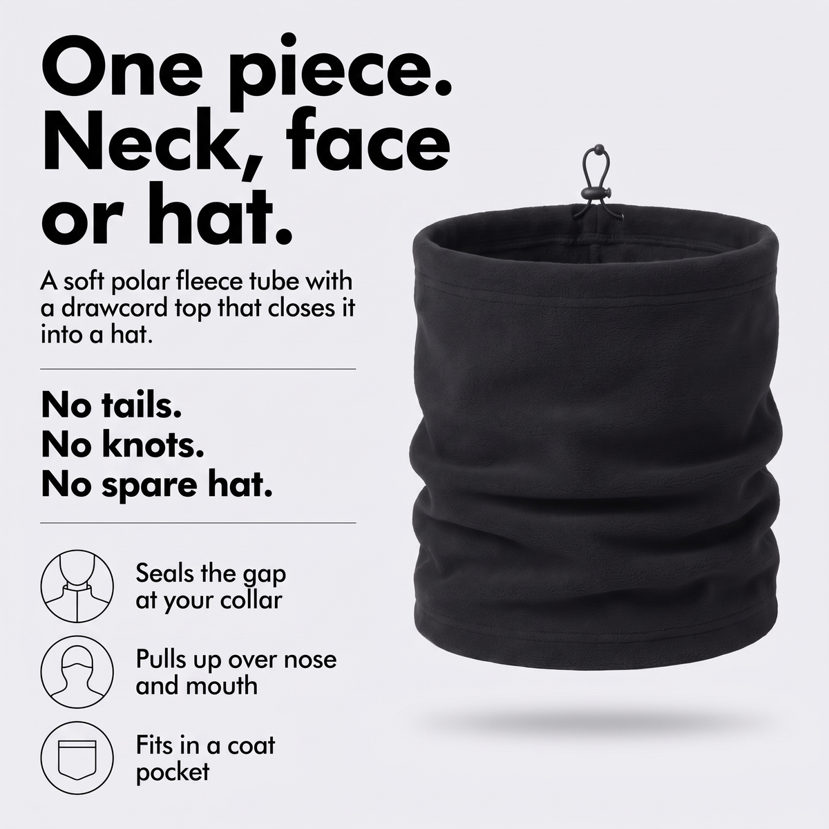 Fleece snood infographic - one piece for neck, face or hat