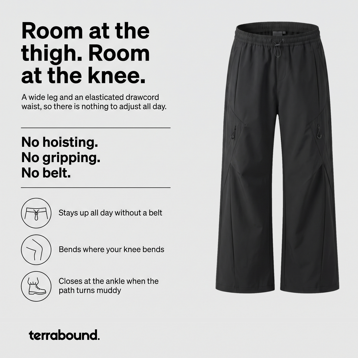 How the women's wide leg walking trousers work: room at the thigh and knee, an elasticated drawcord waist that stays up without a belt, and a cord hem that closes at the ankle