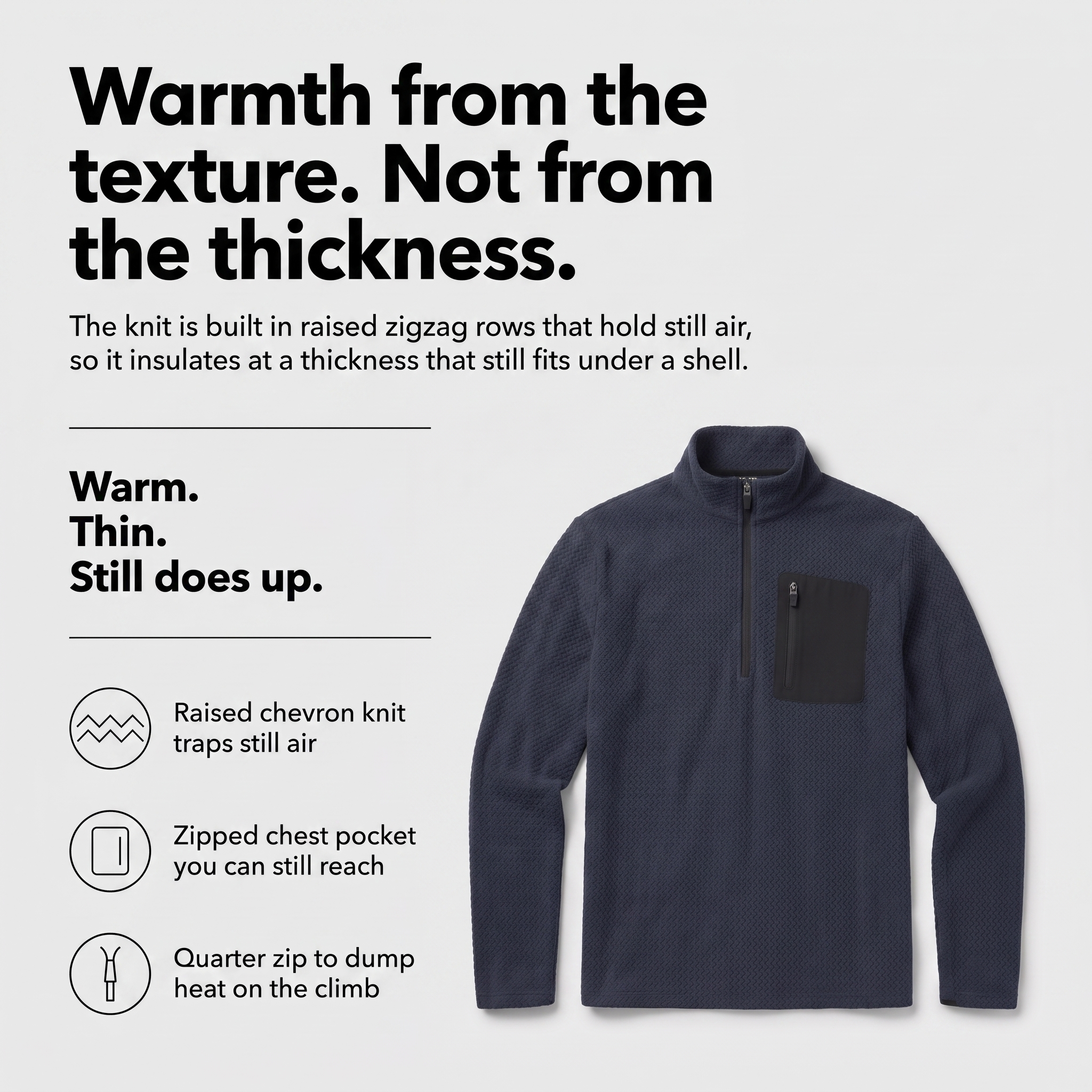 Why the raised chevron knit holds warmth at a thin profile