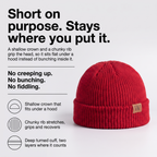 Why the short crown stays put: shallow crown, chunky rib, deep cuff
