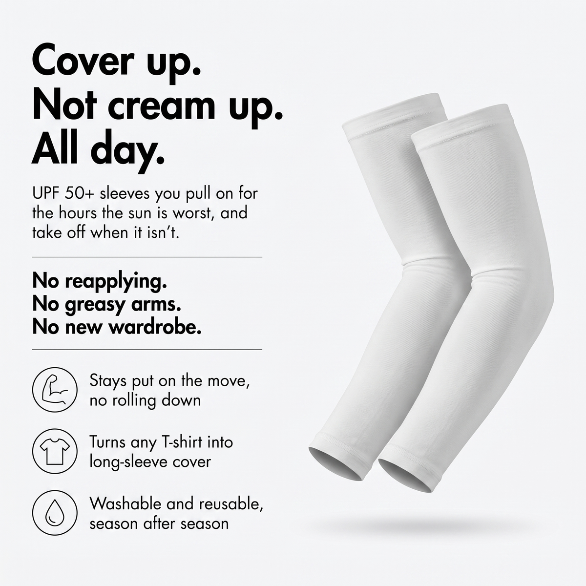 UPF 50+ sun sleeves feature overview, stays put and packs away