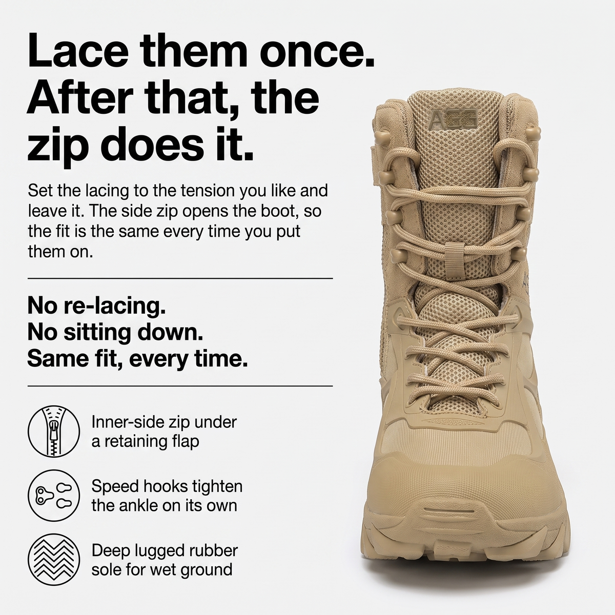 Lace them once: how the side zip keeps the fit the same every time