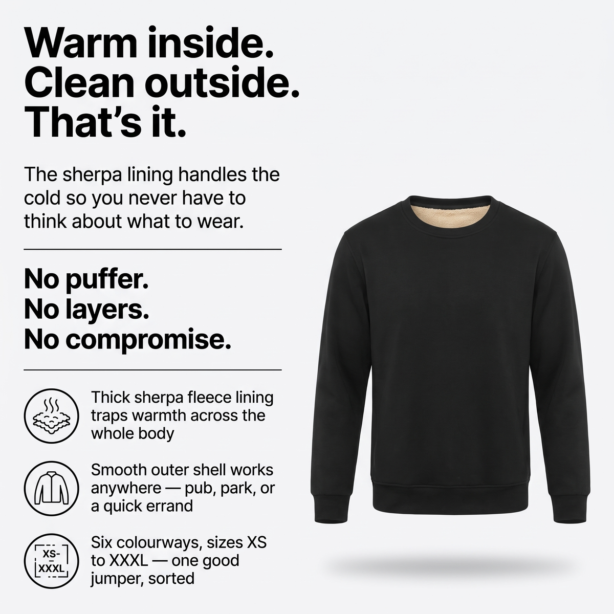 Warm inside clean outside - sherpa jumper infographic with features