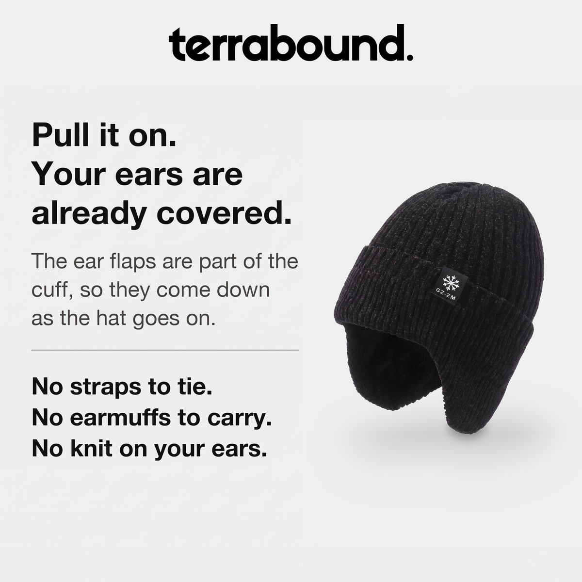 Men's winter hat with ear flaps built into the cuff, no straps or earmuffs needed