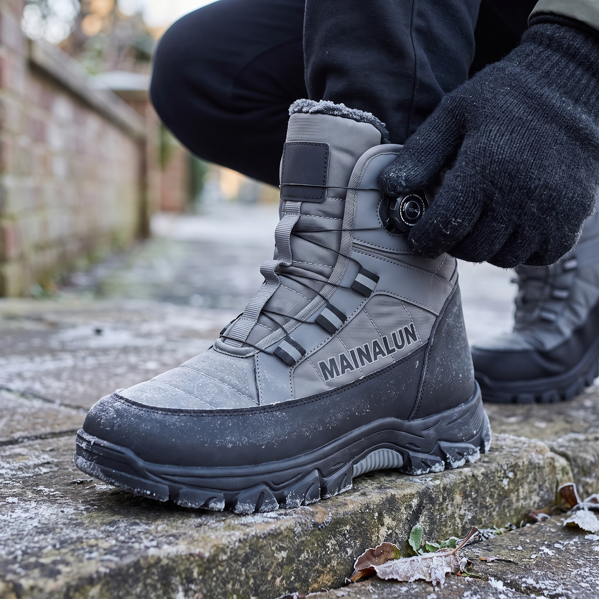 Gloved hand turning the rotary dial on the snow boot, bungee lacing drawn tight