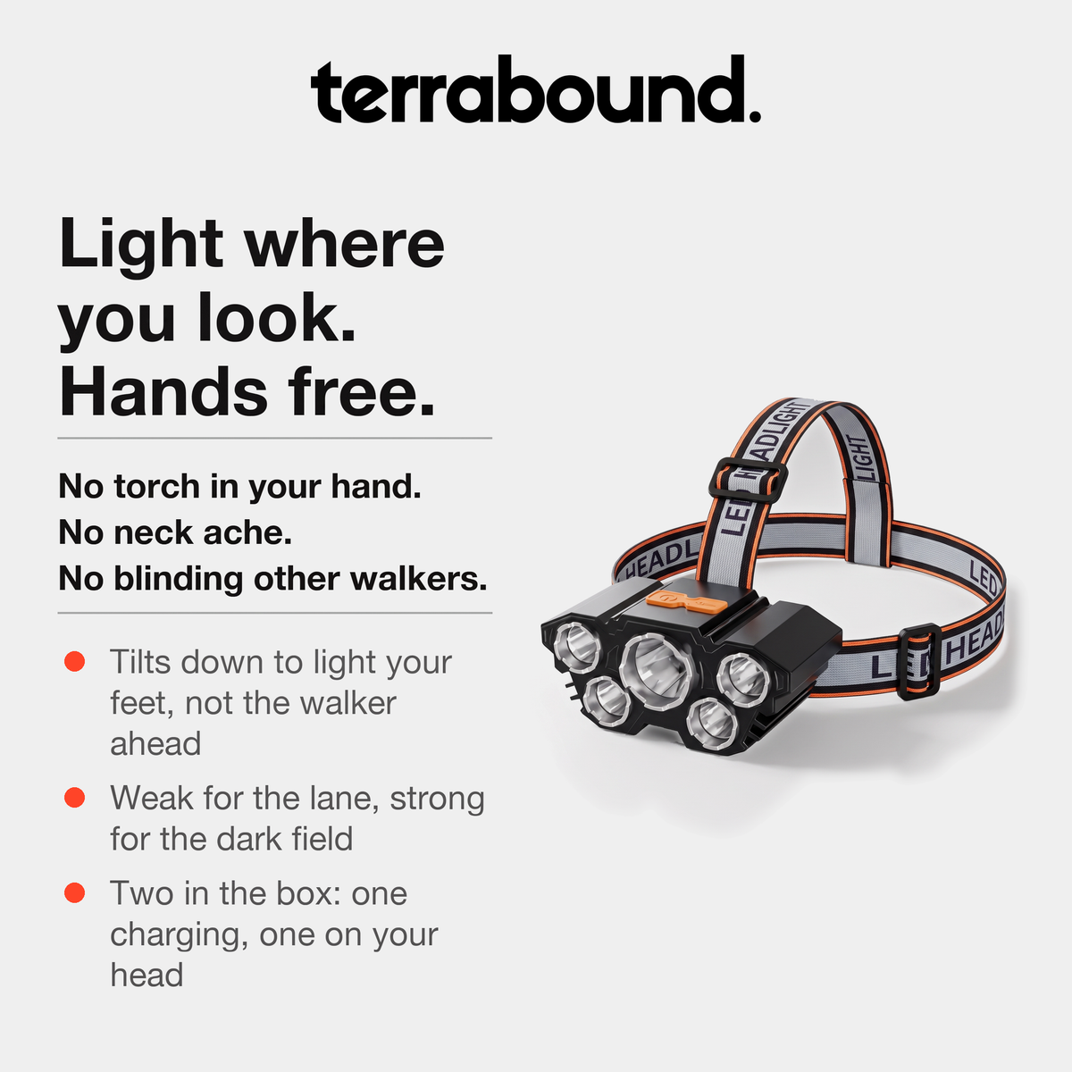 Head torch benefits: light where you look, hands free, tilts down, weak and strong modes, two in the box