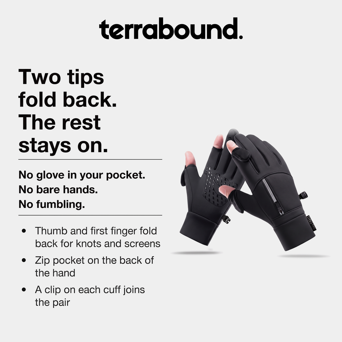 Two fingertips fold back and the rest stays on: fold-back thumb and first finger, zip pocket, cuff clip joins the pair