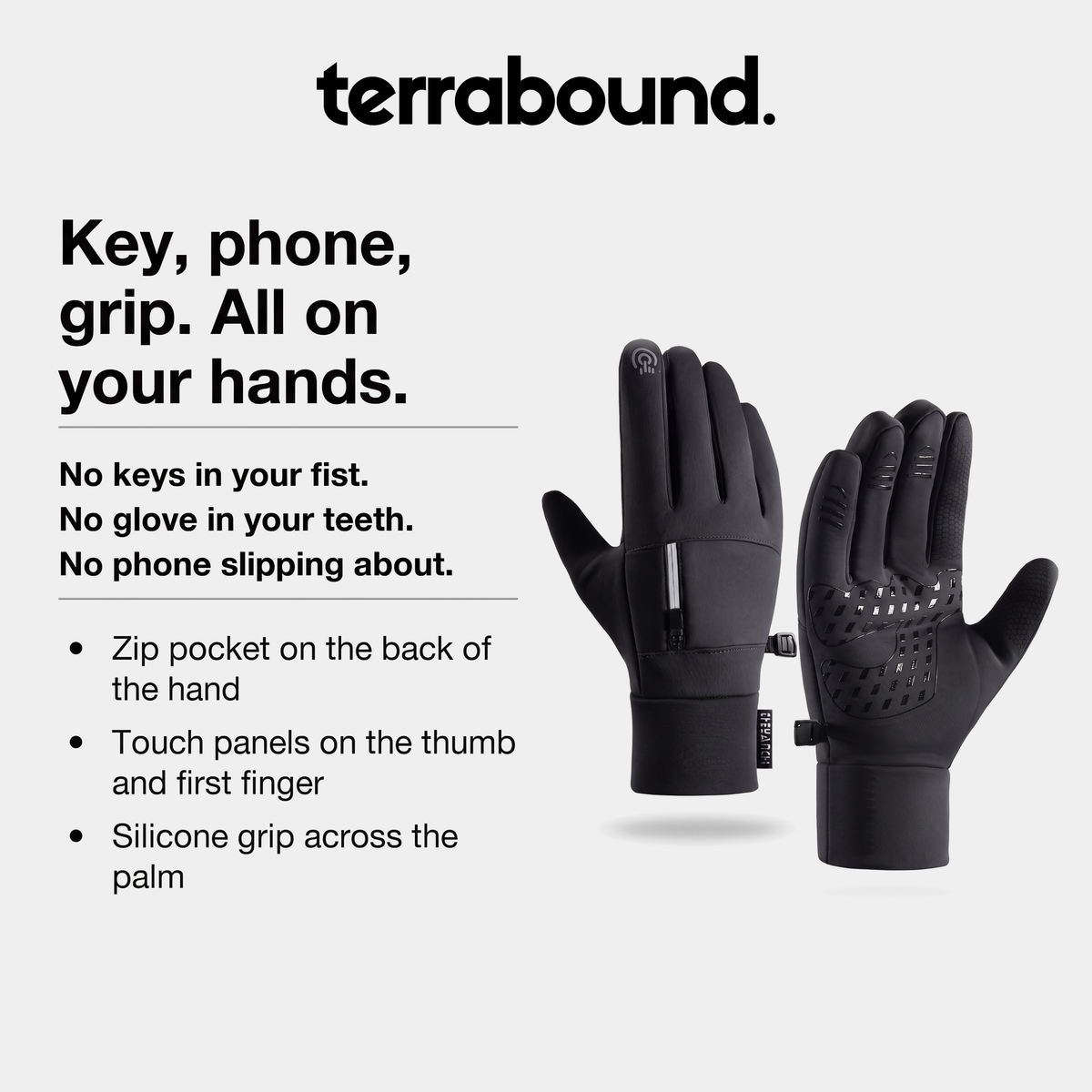 Zip pocket, touchscreen thumb and first finger, and silicone grip palm on the running gloves