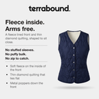 Fleece inside, arms free: fleece lined front, thin diamond quilting and metal poppers
