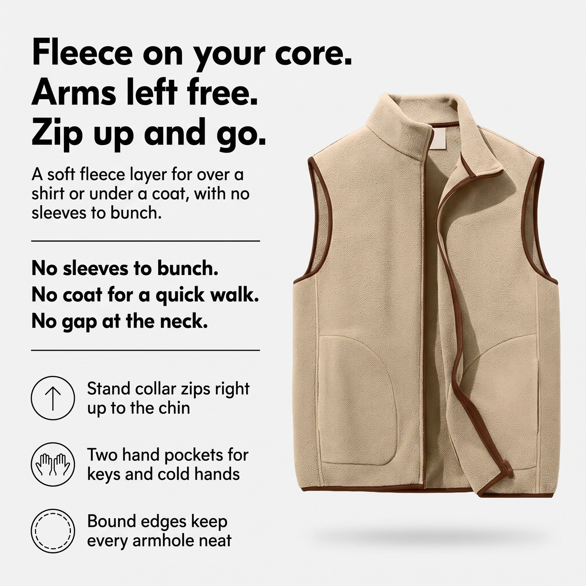 Fleece vest infographic, fleece on your core, arms left free