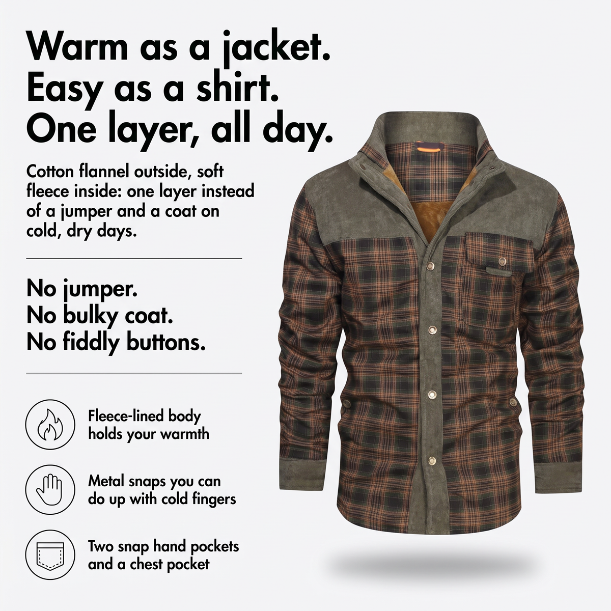 Men's fleece lined check overshirt: warm as a jacket, easy as a shirt, with fleece lining, metal snaps and snap pockets