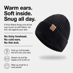 Fleece lined beanie infographic: warm ears, soft inside, snug all day