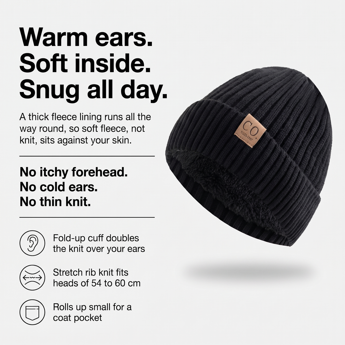 Fleece lined beanie infographic: warm ears, soft inside, snug all day