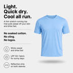 Infographic of the light, quick dry men's running top with UPF 50+ fabric and reflective sleeve strips