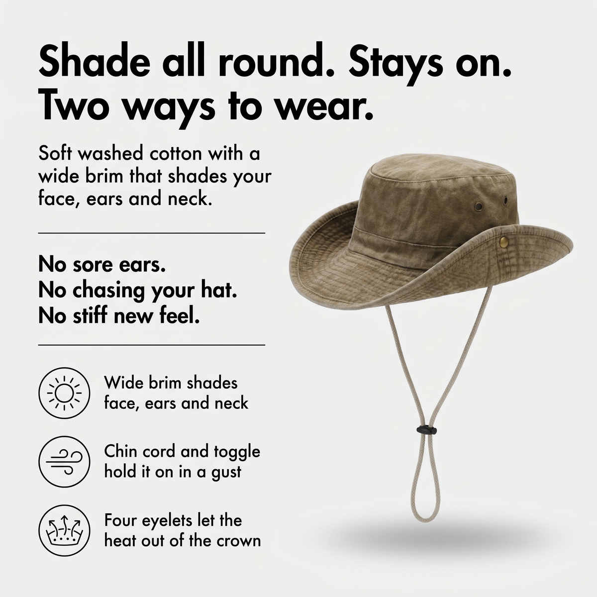 Wide brim sun hat infographic: shade all round, stays on, two ways to wear
