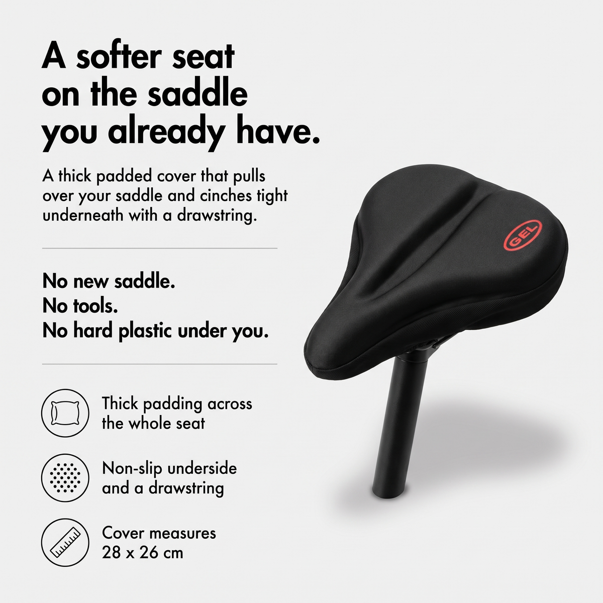 Infographic: a softer seat on the saddle you already have; no new saddle, no tools, no hard plastic under you
