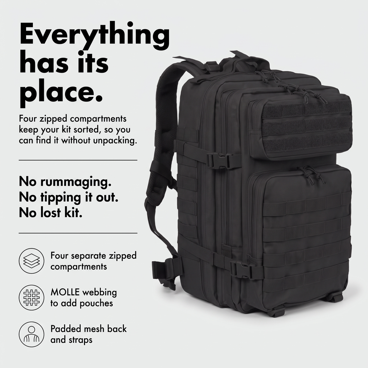 45L rucksack features: four zipped compartments, MOLLE webbing, padded back