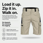 Infographic of the cargo shorts: zipped thigh pocket, ripstop weave and stretch rear waistband