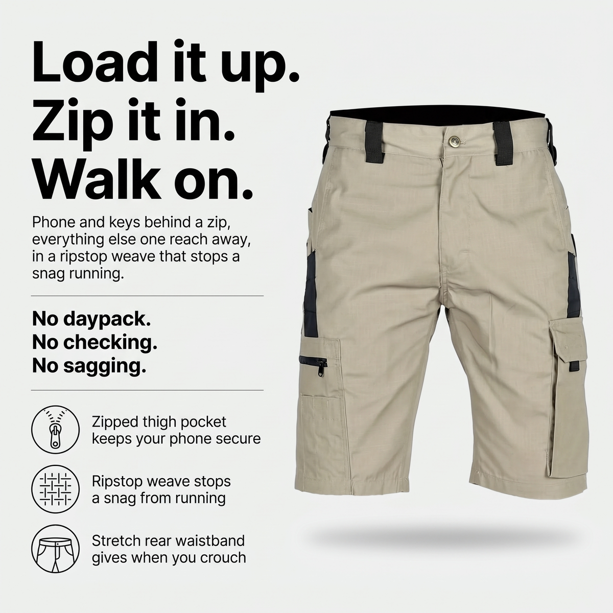 Infographic of the cargo shorts: zipped thigh pocket, ripstop weave and stretch rear waistband
