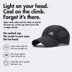 Running cap infographic: light on your head, cool on the climb, forget it's there