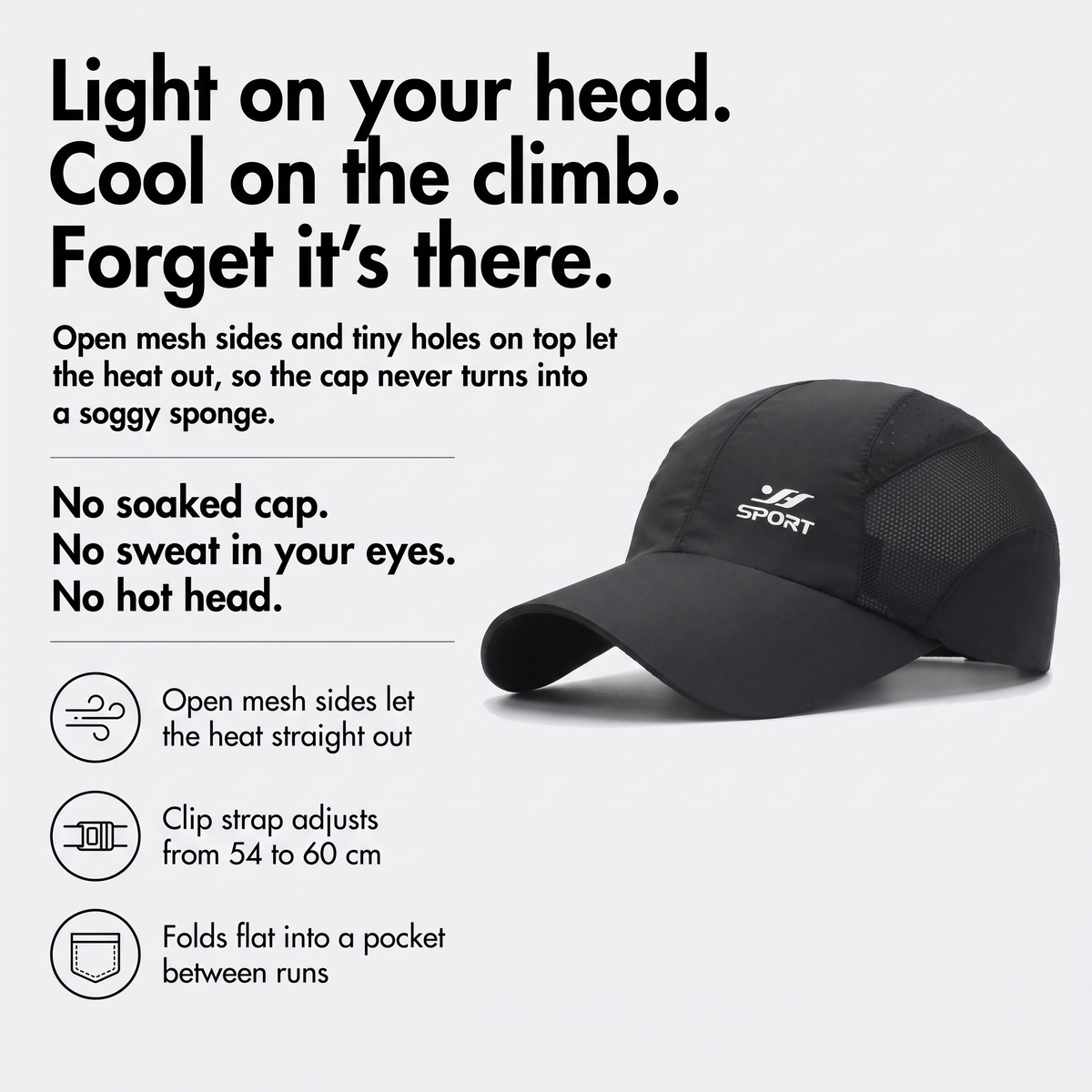 Running cap infographic: light on your head, cool on the climb, forget it's there