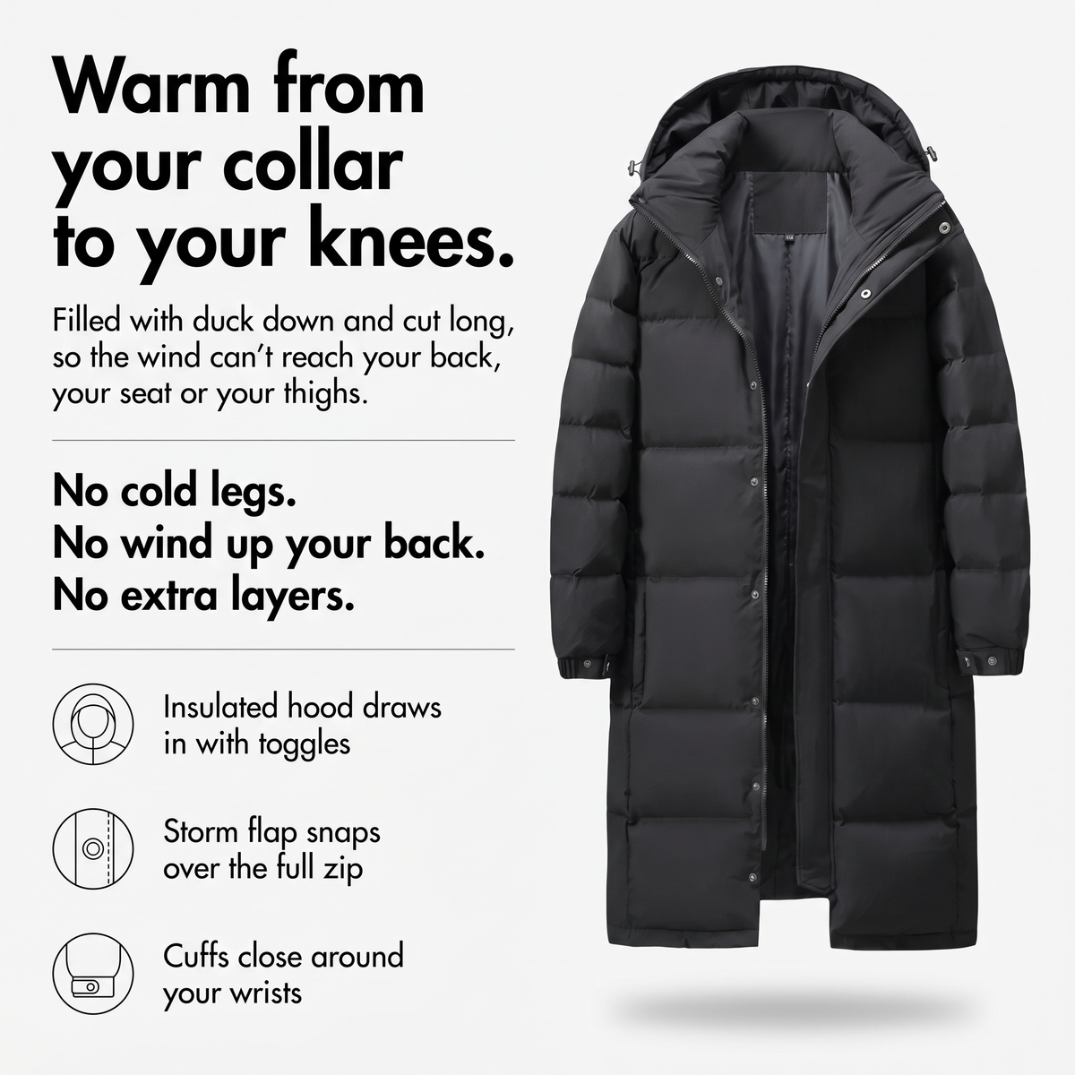 Long puffer coat infographic: warm from your collar to your knees