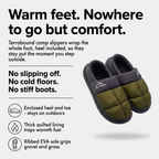 Terrabound Camp Slippers feature graphic - enclosed heel, warm lining, grip sole