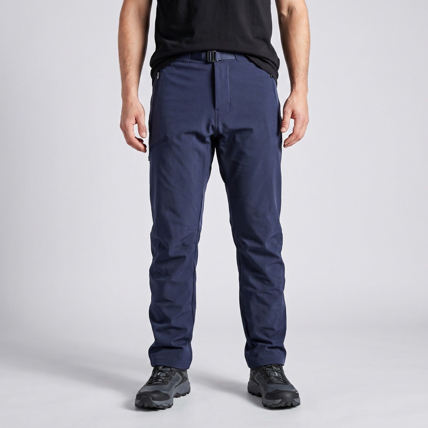 Men's navy walking trousers worn, front view