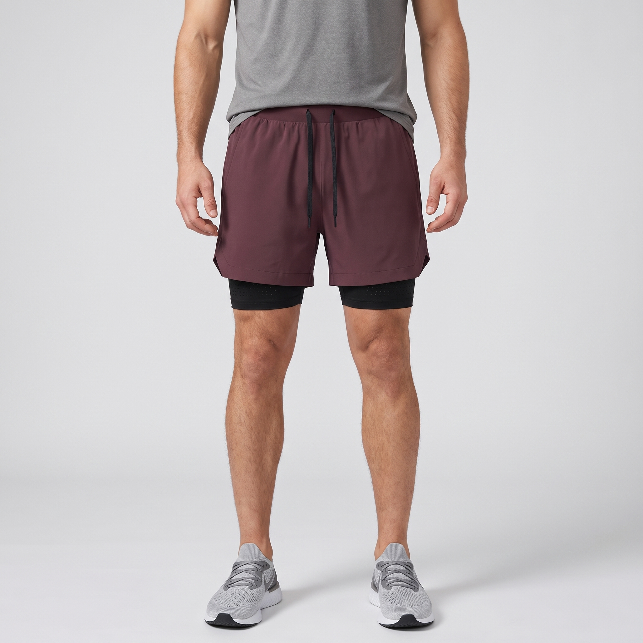 Man wearing the Burgundy 2 in 1 running shorts, front view