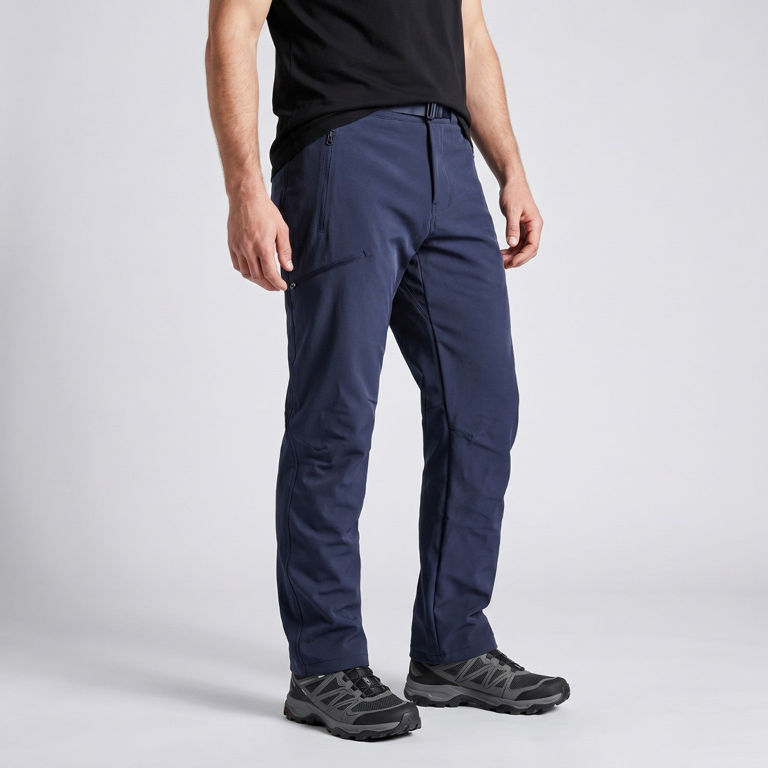 Men's navy walking trousers worn, front detail