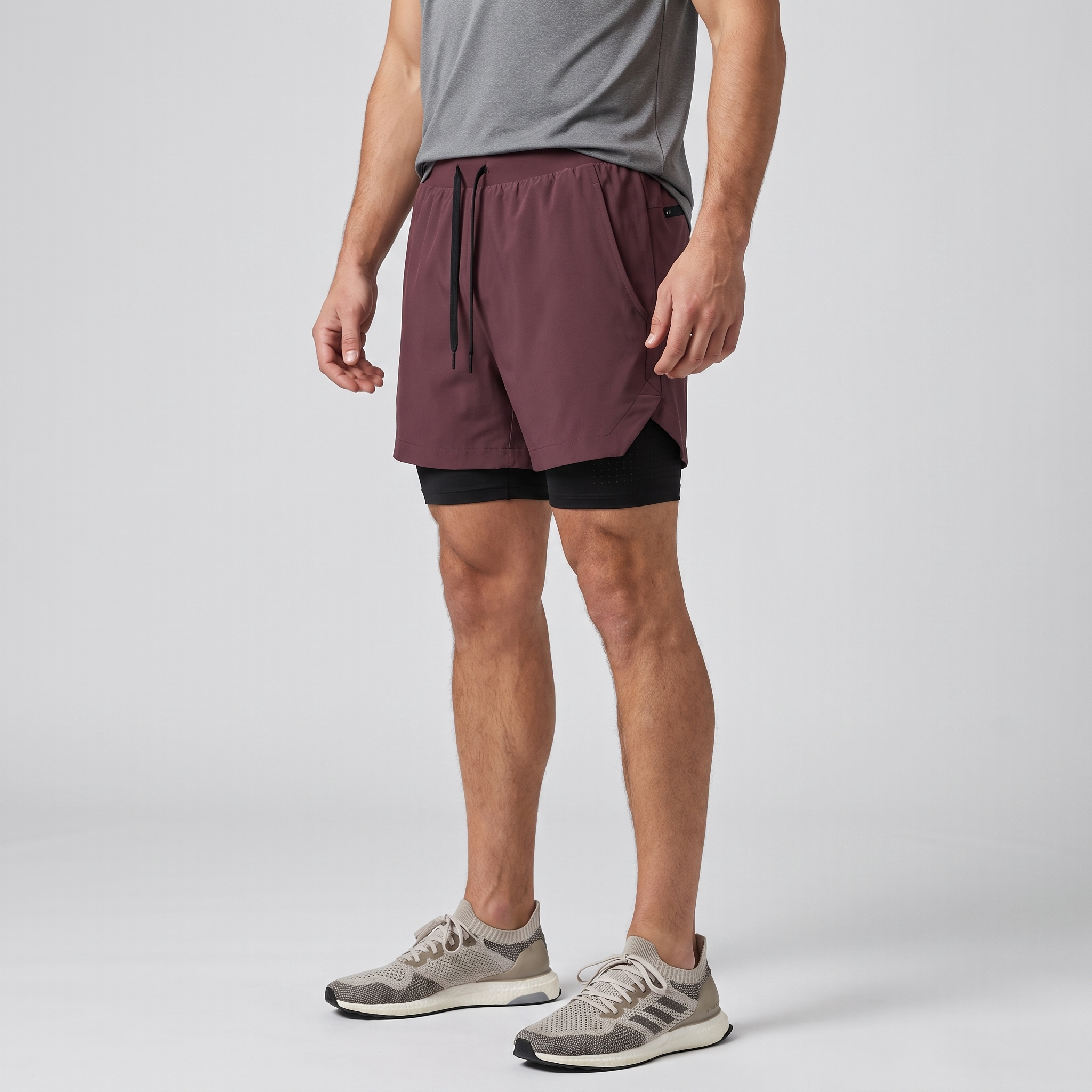 Three-quarter side view of the Burgundy 2 in 1 running shorts