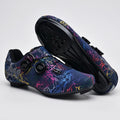 Dark Blue cycling shoes with road soles, a pair with one sole turned up to show the cleat holes