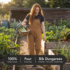 Woman in camel canvas bib dungarees carrying leeks across an allotment