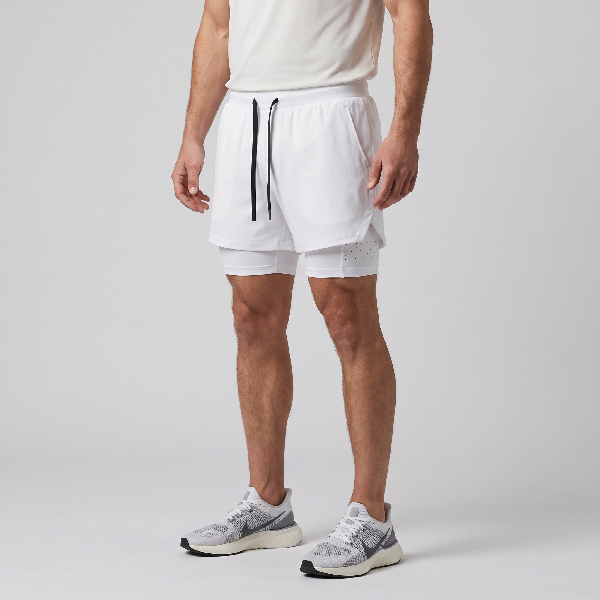 Three-quarter side view of the White 2 in 1 running shorts
