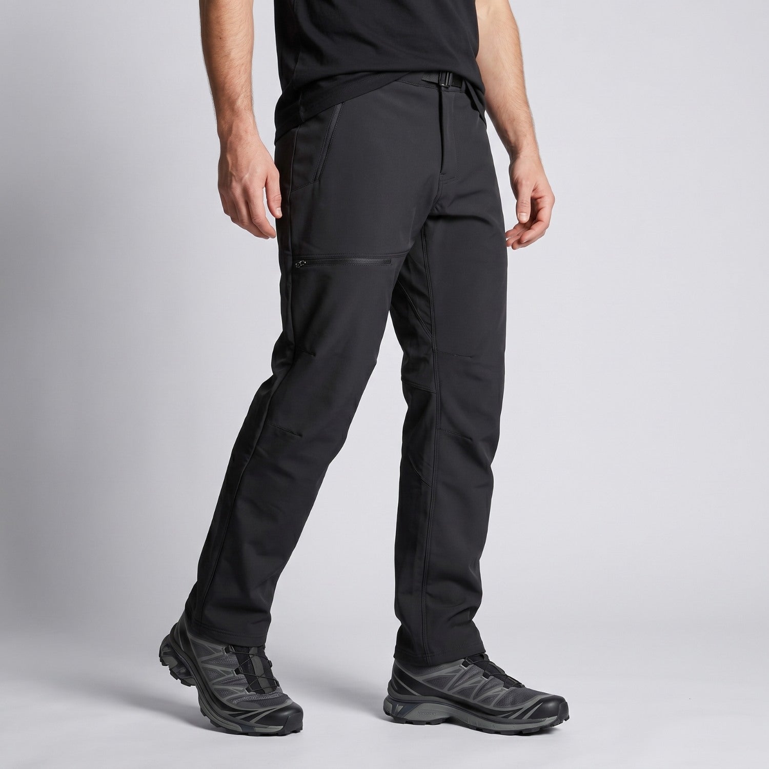 Men's black walking trousers worn, side view