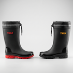 Mid-calf wellies in Black / Red and Black side by side