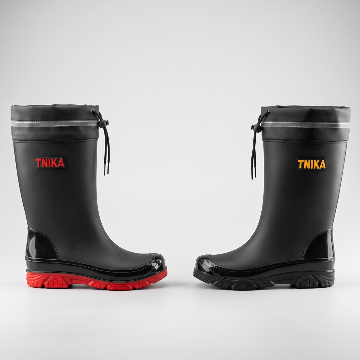 Mid-calf wellies in Black / Red and Black side by side