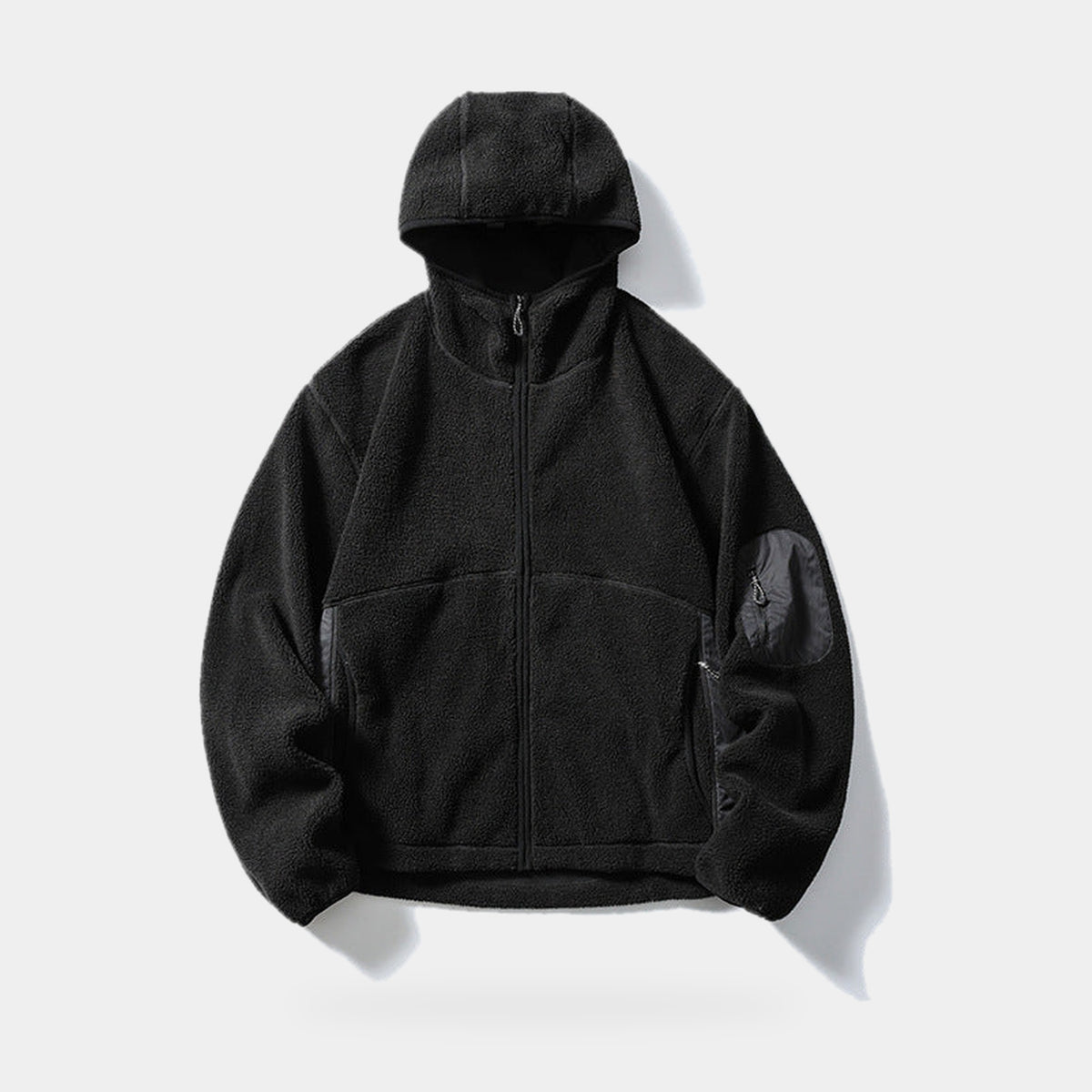 Men's Fleece Jacket in Black, full zip hooded fleece, front view