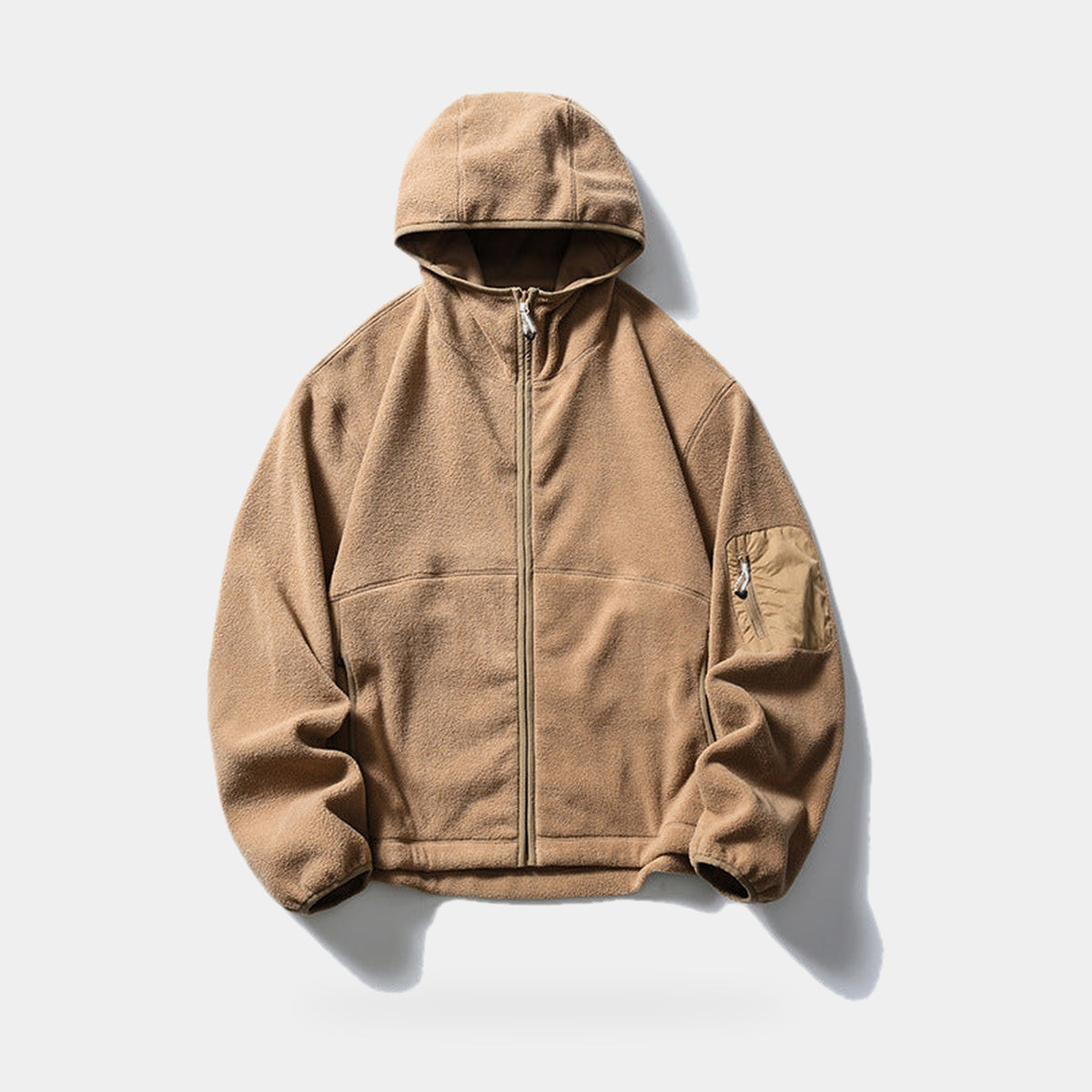 Men's Fleece Jacket in Khaki, full zip hooded fleece, front view