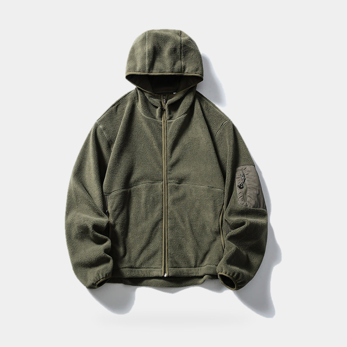 Men's Fleece Jacket in Army Green, full zip hooded fleece, front view