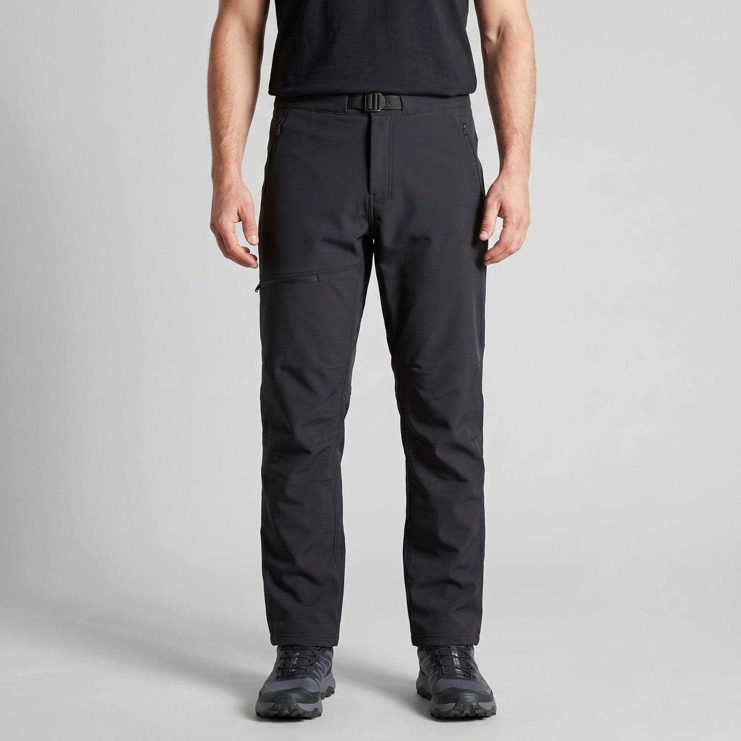 Men's black walking trousers worn, front view